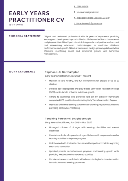 An early years practitioner CV with a purple left margin and three sections covering the applicant's personal information, personal statement, and work experience