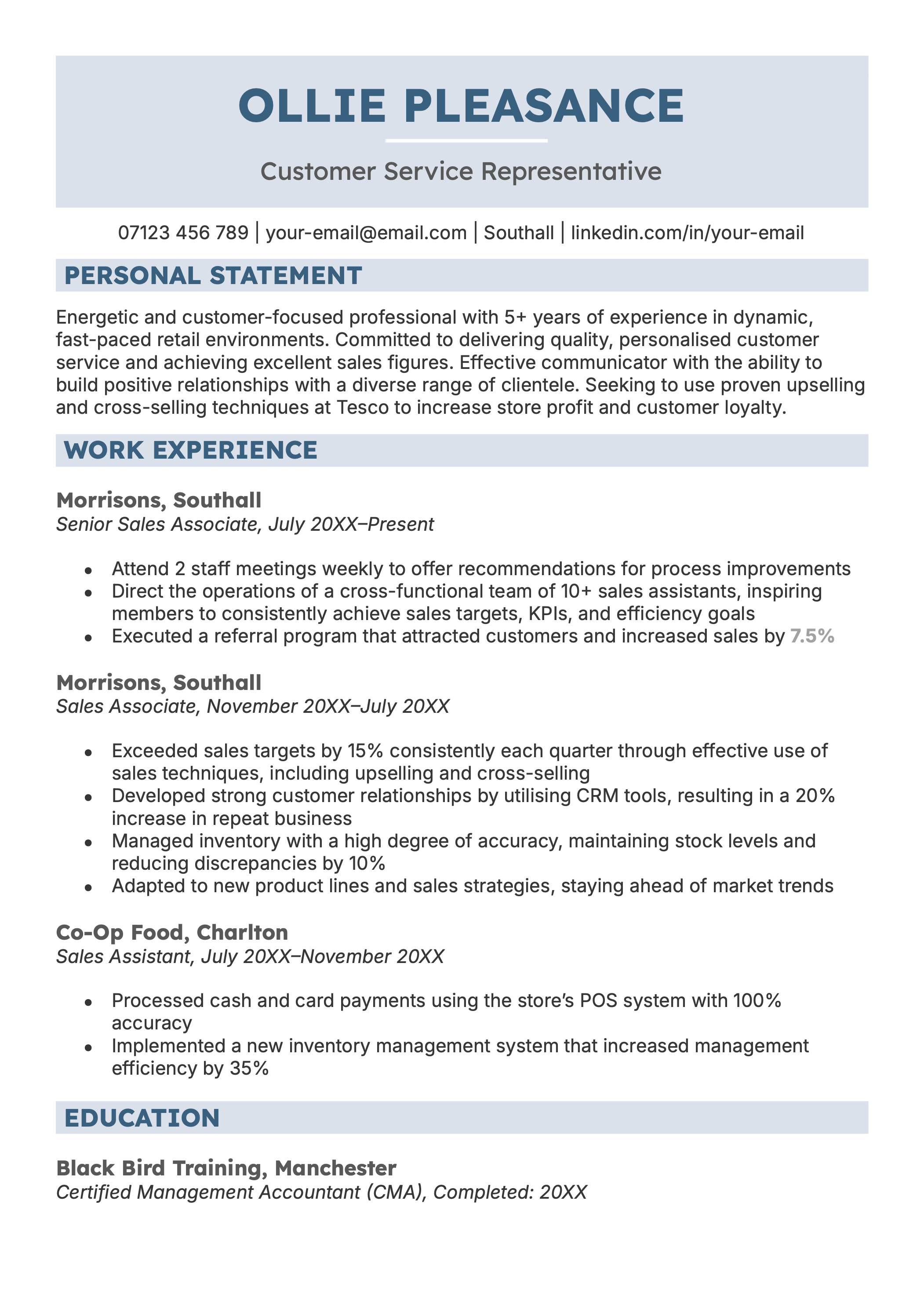 The Easy Google Docs CV template in blue.