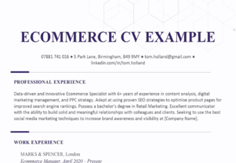 The first page of a purple ecommerce CV example with the applicant's contact information, personal statement, and two work experiences