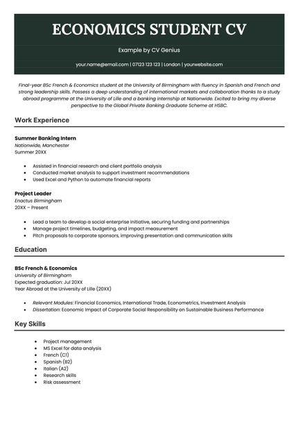An example economics student CV