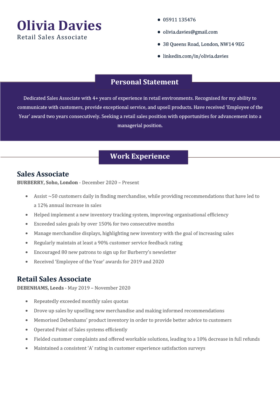 The purple version of the Edinburgh CV Template with the applicant's personal statement set in white text against a deep purple colour run and a left-aligned work experience laid out in a traditional CV format.
