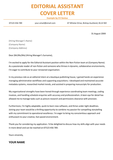 An editorial assistant cover letter example for UK job seekers.