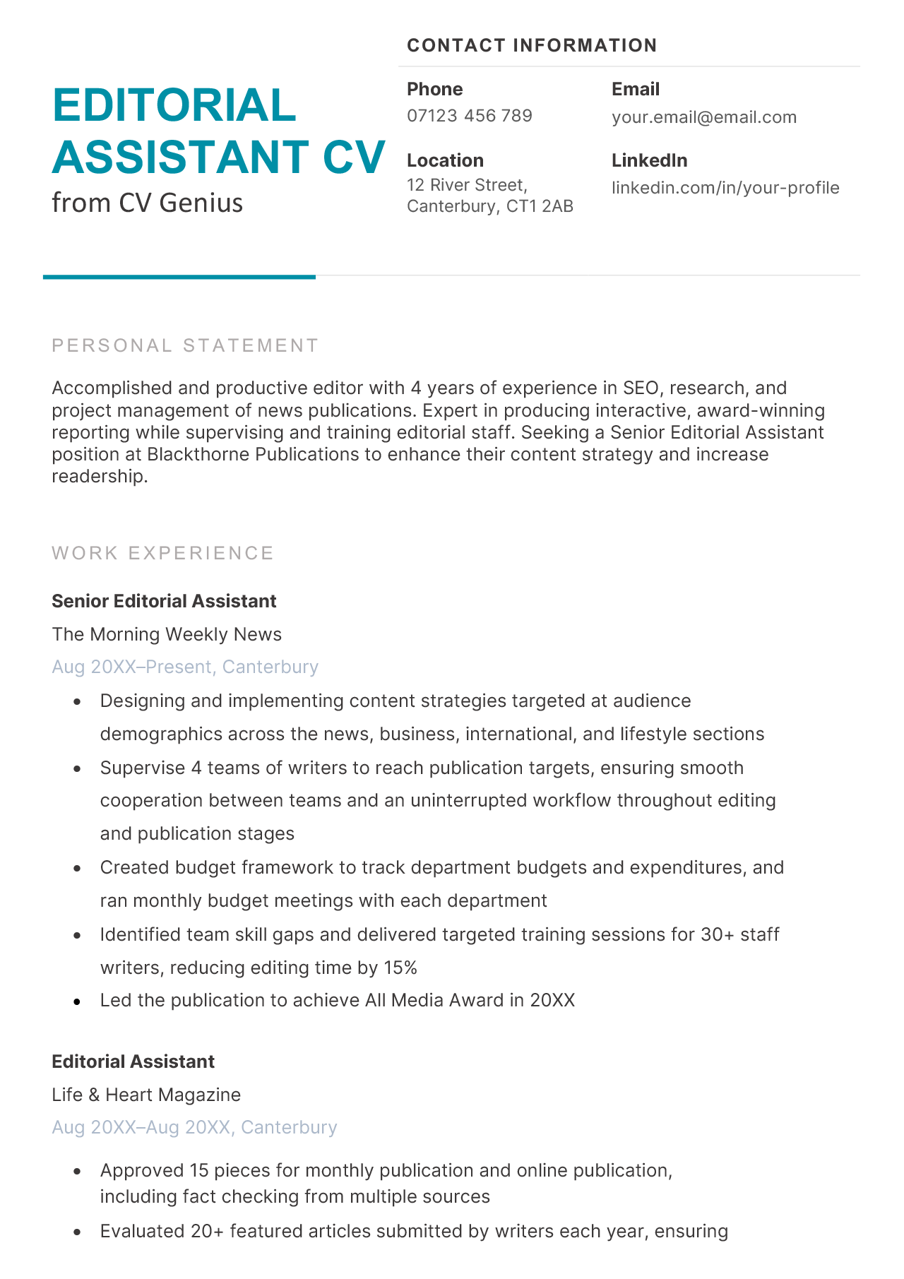 The first page of an editorial assistant CV example.