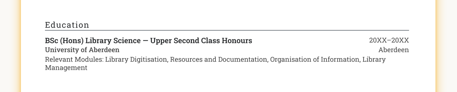 An example CV education section.
