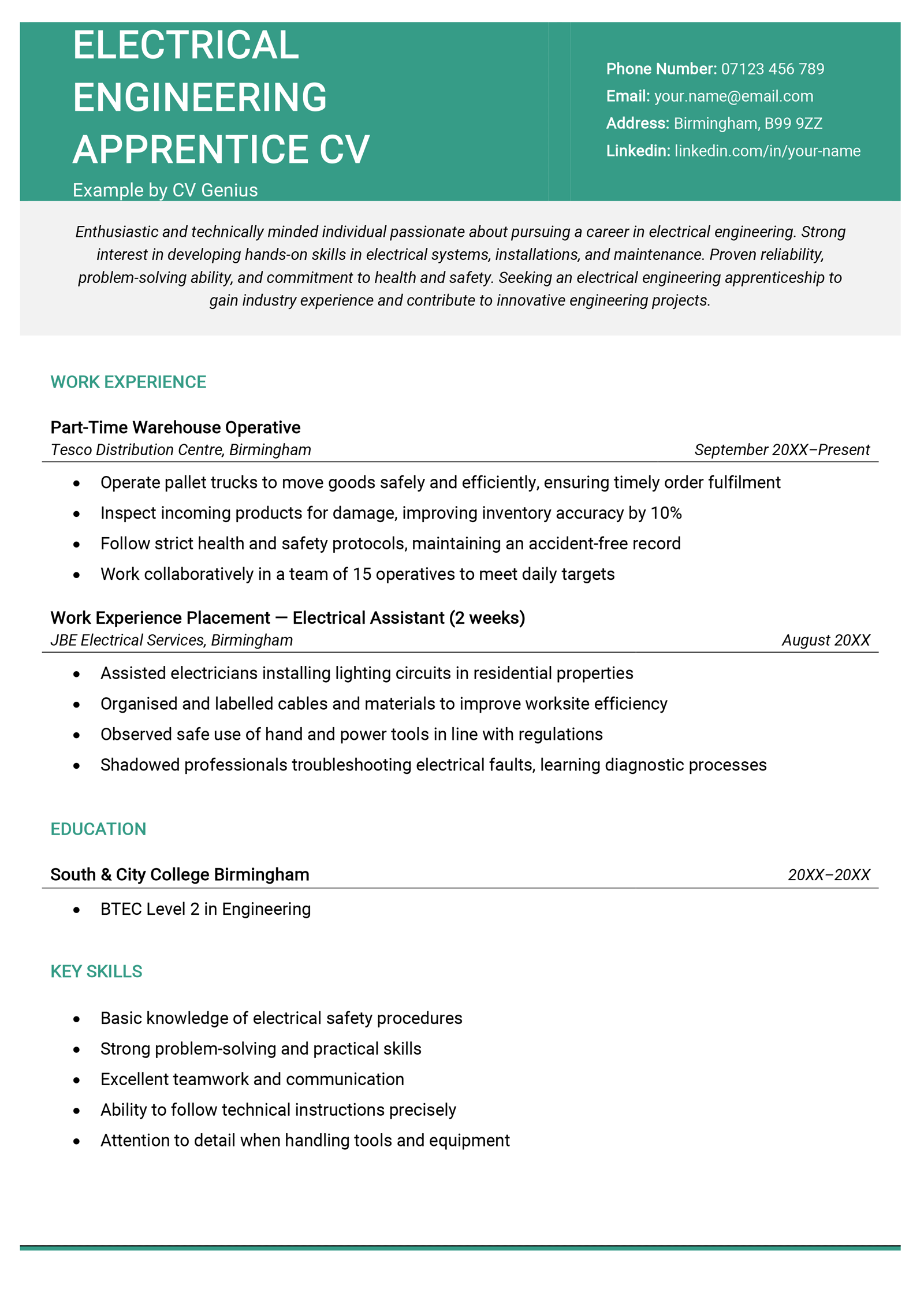 An electrical engineering apprenticeship CV example.