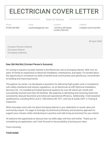 An electrician cover letter example for UK job seekers.