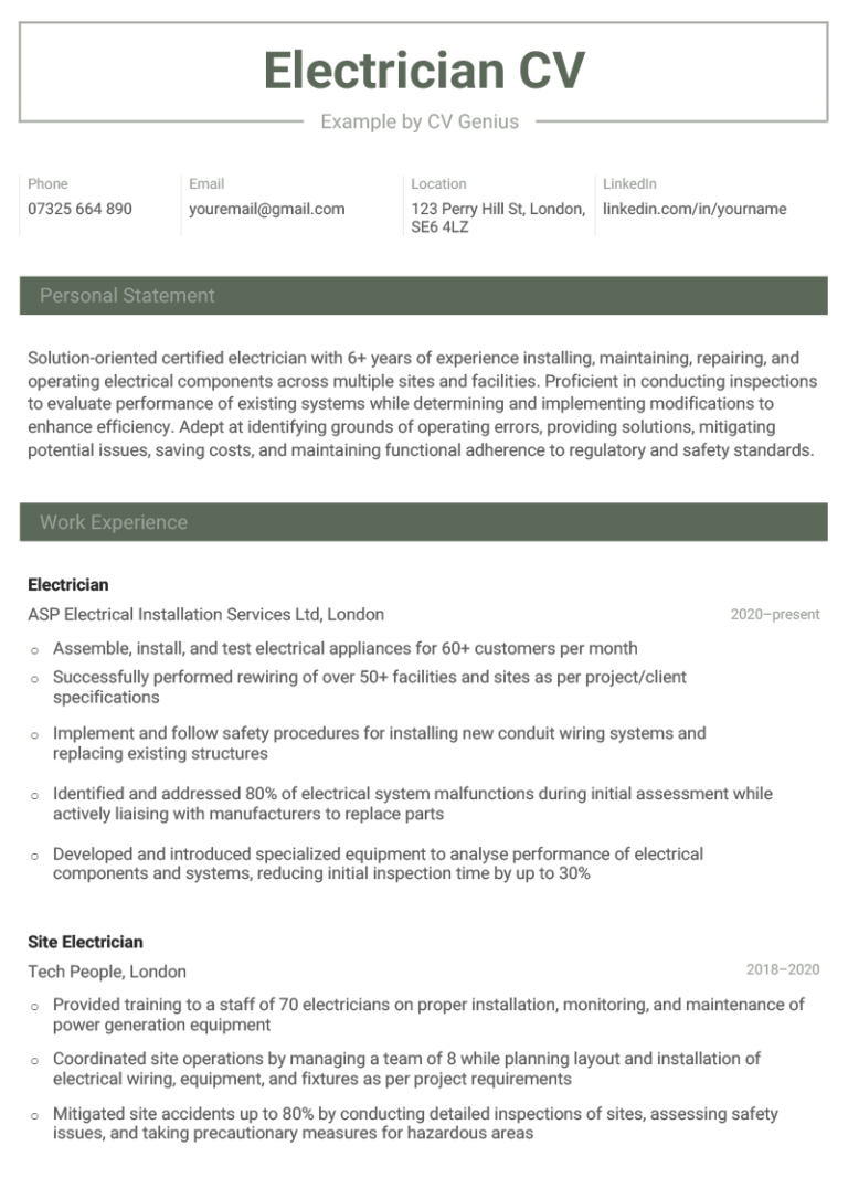 example resume for an electrician