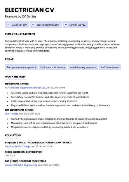 An electrician CV using the Bristol CV template skin