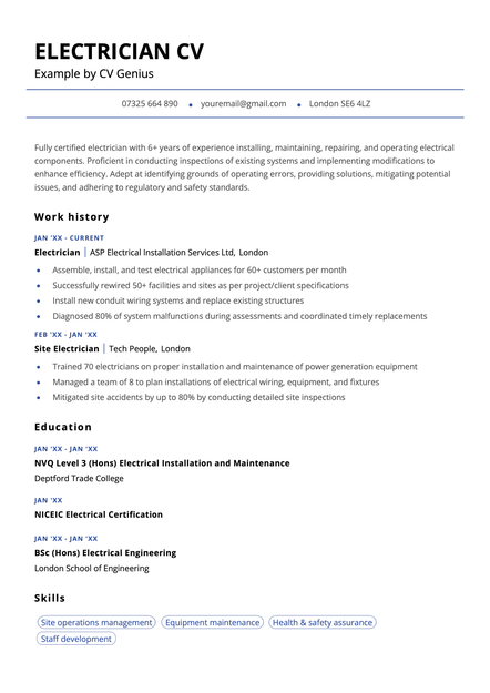 An electrician CV using the Canterbury CV template skin