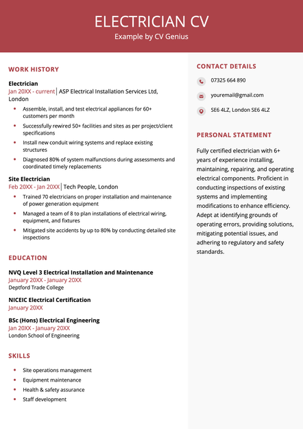 An electrician CV using the Exeter CV template skin