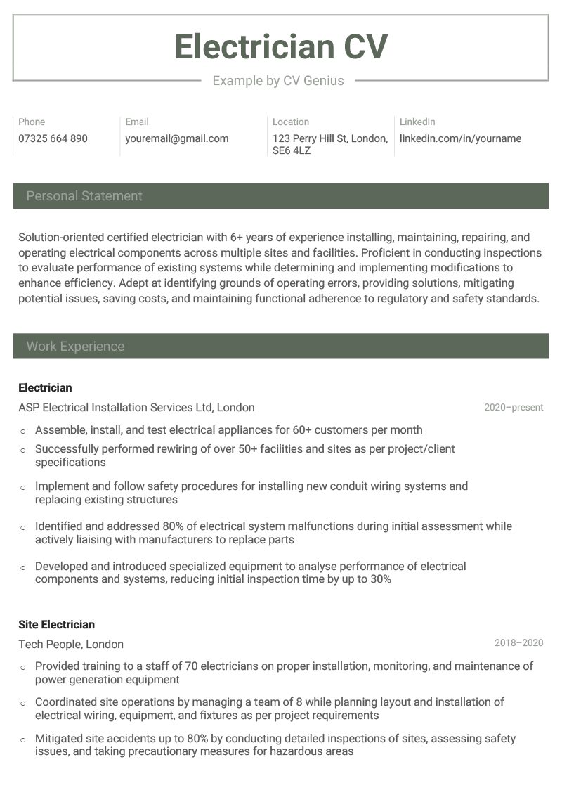An example of an electrician CV in a green-themed template.