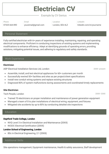 An example of an electrician CV in a green-themed template.