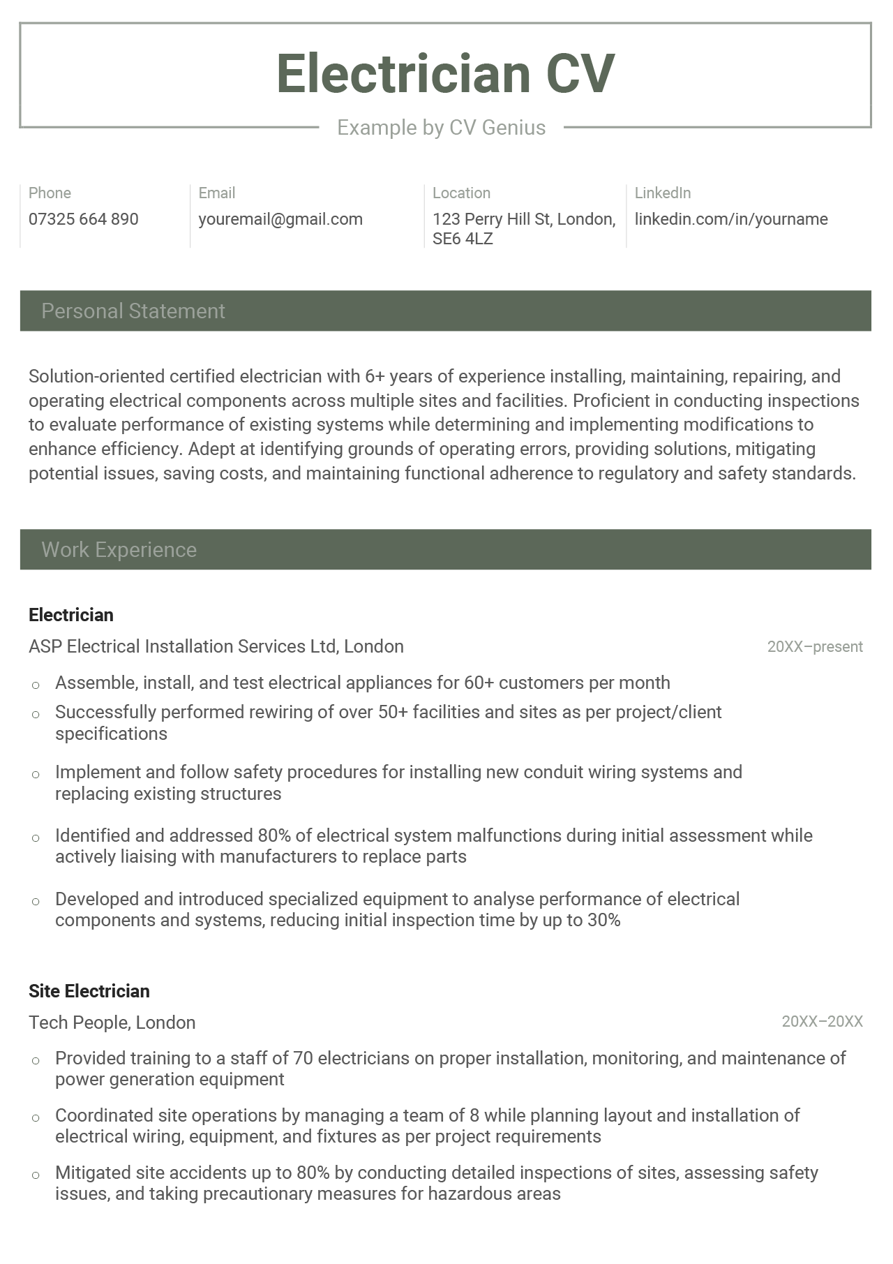 The first page of an example of an electrician CV in a green-themed template.