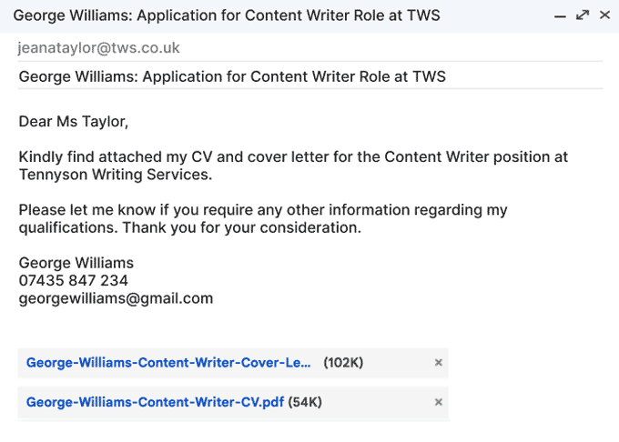 An example of an email cover letter brief message with a cover letter attachment 