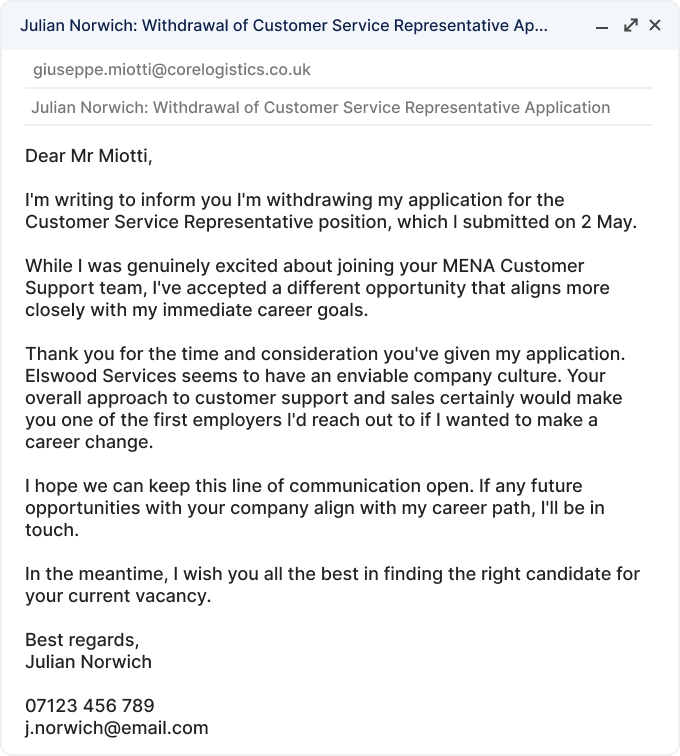 Job Application Email   Email Job Application Withdrawal Example 