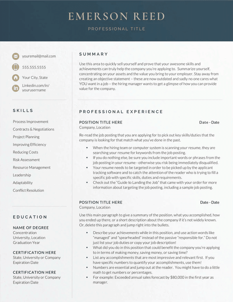 The Emerson Finance Google Docs CV template from Get Landed