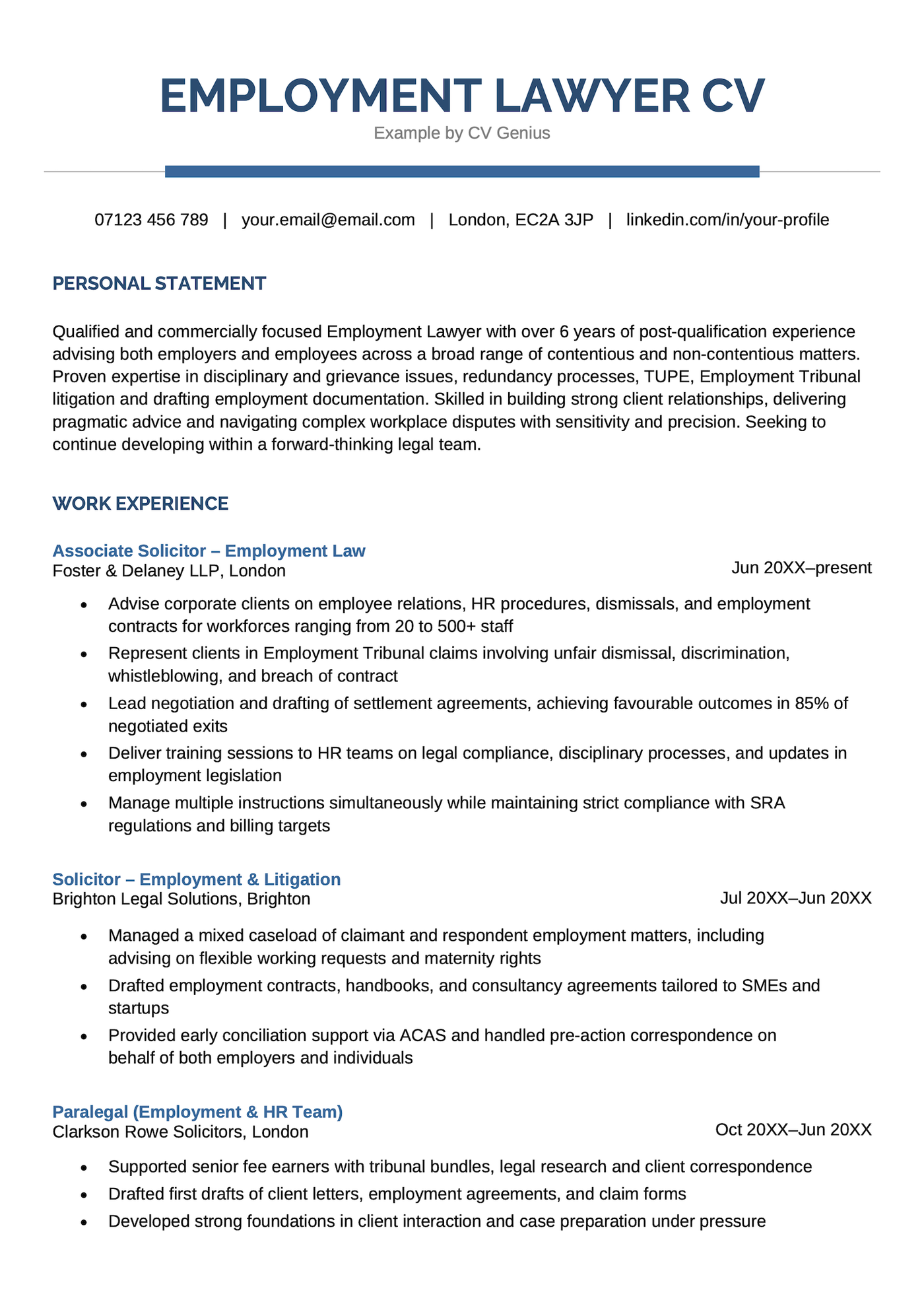 An employment lawyer CV example.