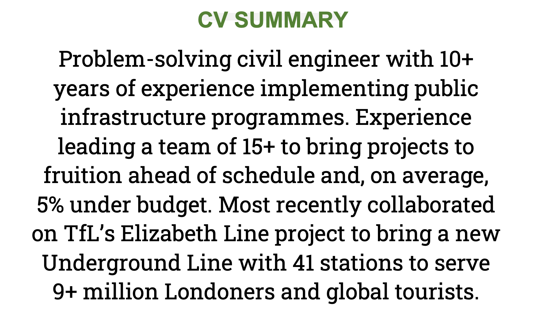 A CV summary for an engineer with a forest green title.