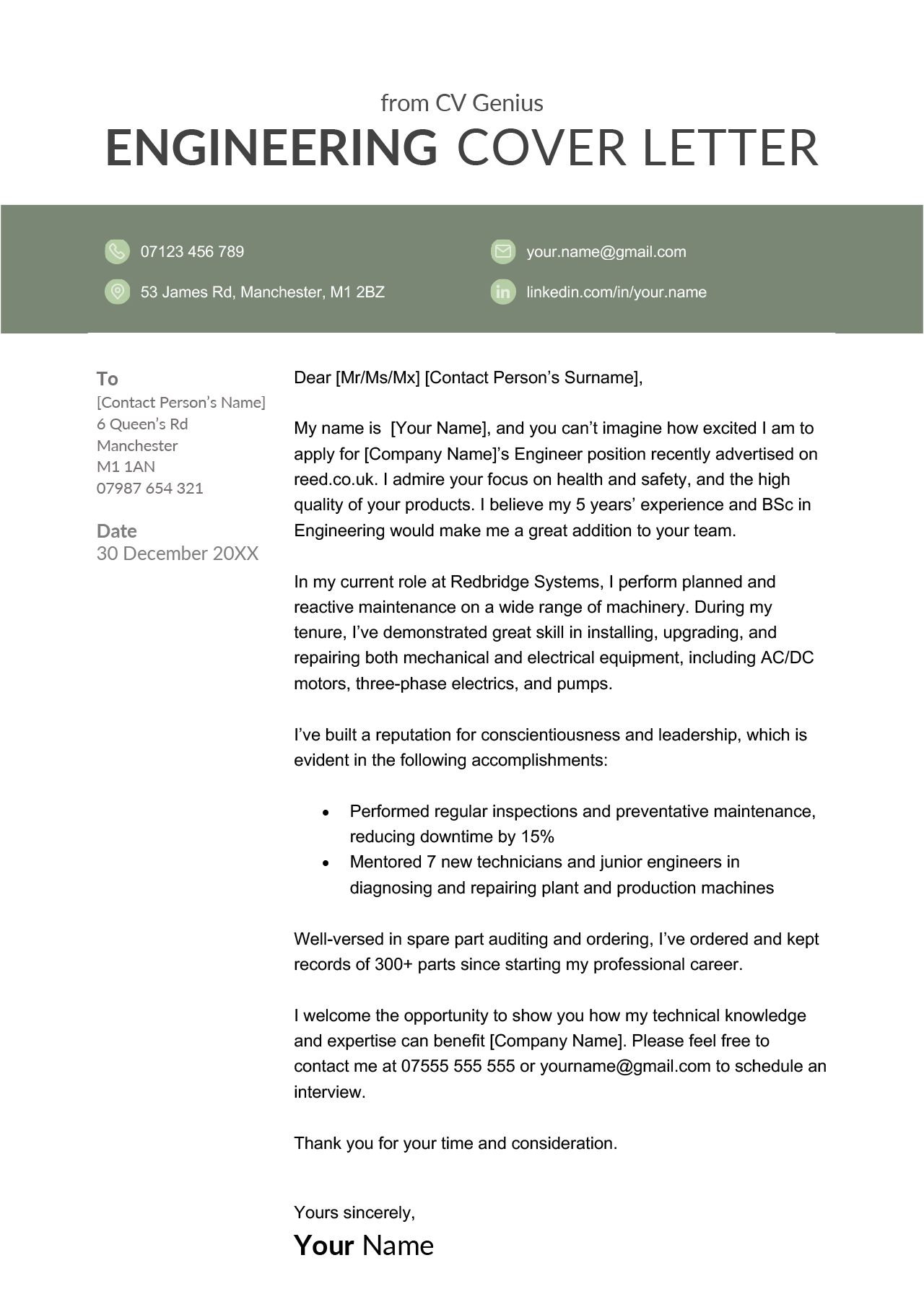 An engineering cover letter example that uses a green background for the applicant's contact information