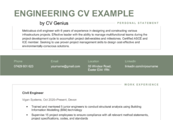The first page of an engineering CV example that shows sections for the applicant's personal statement, contact information, and three work experience entries