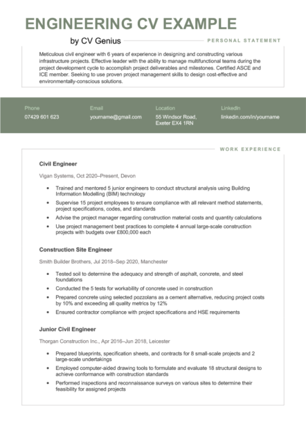 The first page of an engineering CV example that shows sections for the applicant's personal statement, contact information, and three work experience entries