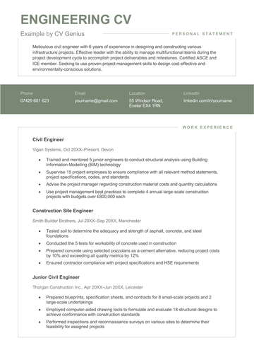 The first page of an engineering CV example that shows sections for the applicant's personal statement, contact information, and three work experience entries