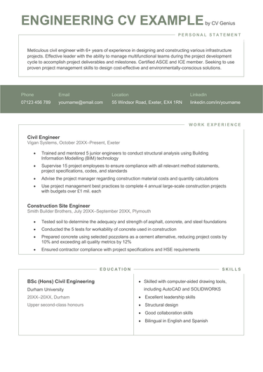 The first page of an engineering CV example that shows sections for the applicant's personal statement, contact information, and three work experience entries