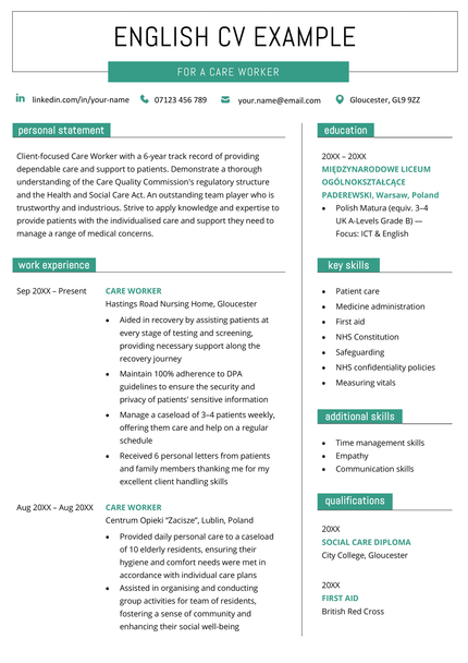 An English CV example for a care worker in a green template with a two-column layout.