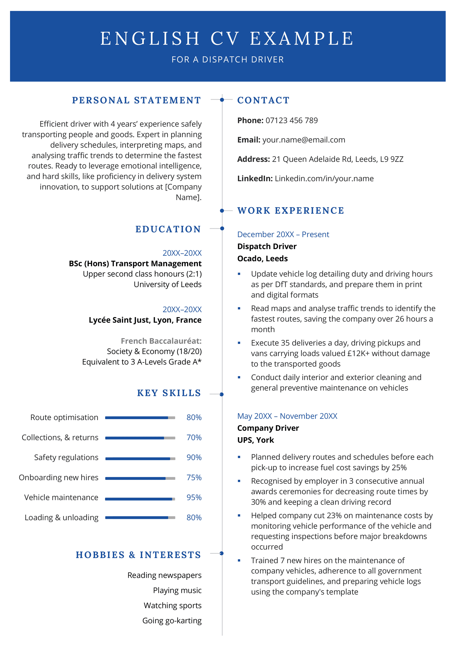 An English CV example for a delivery driver with a blue colour scheme and a two-column layout.