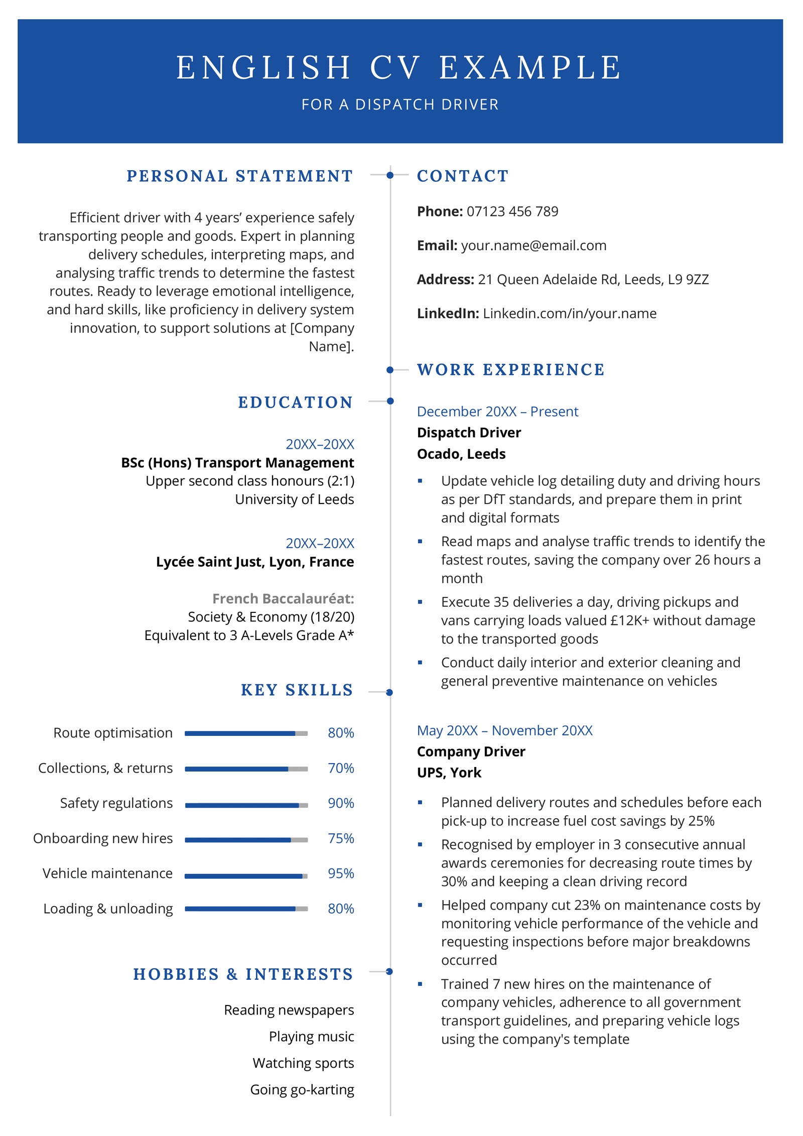 An English CV example for a delivery driver with a blue colour scheme and a two-column English CV layout.