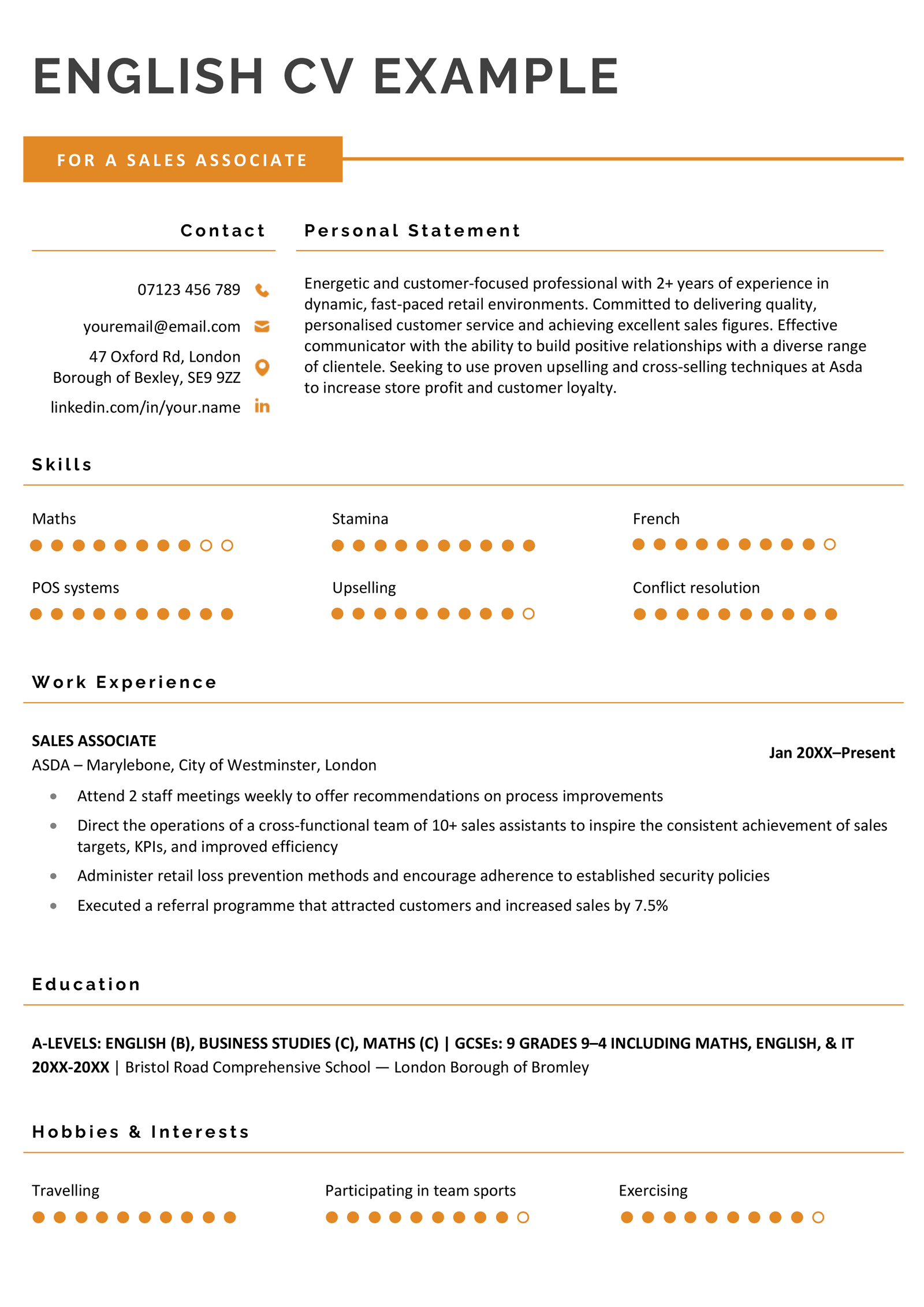 An English CV example using a bold orange colour scheme with solid colour bars separating the key sections.