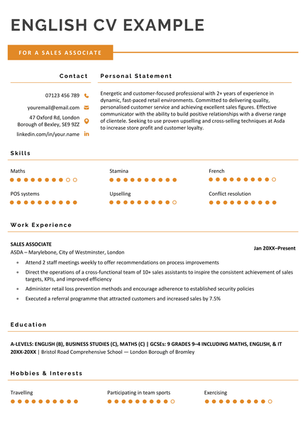 An English CV example for a sales associate role in orange with prominent, colourful skills bars.