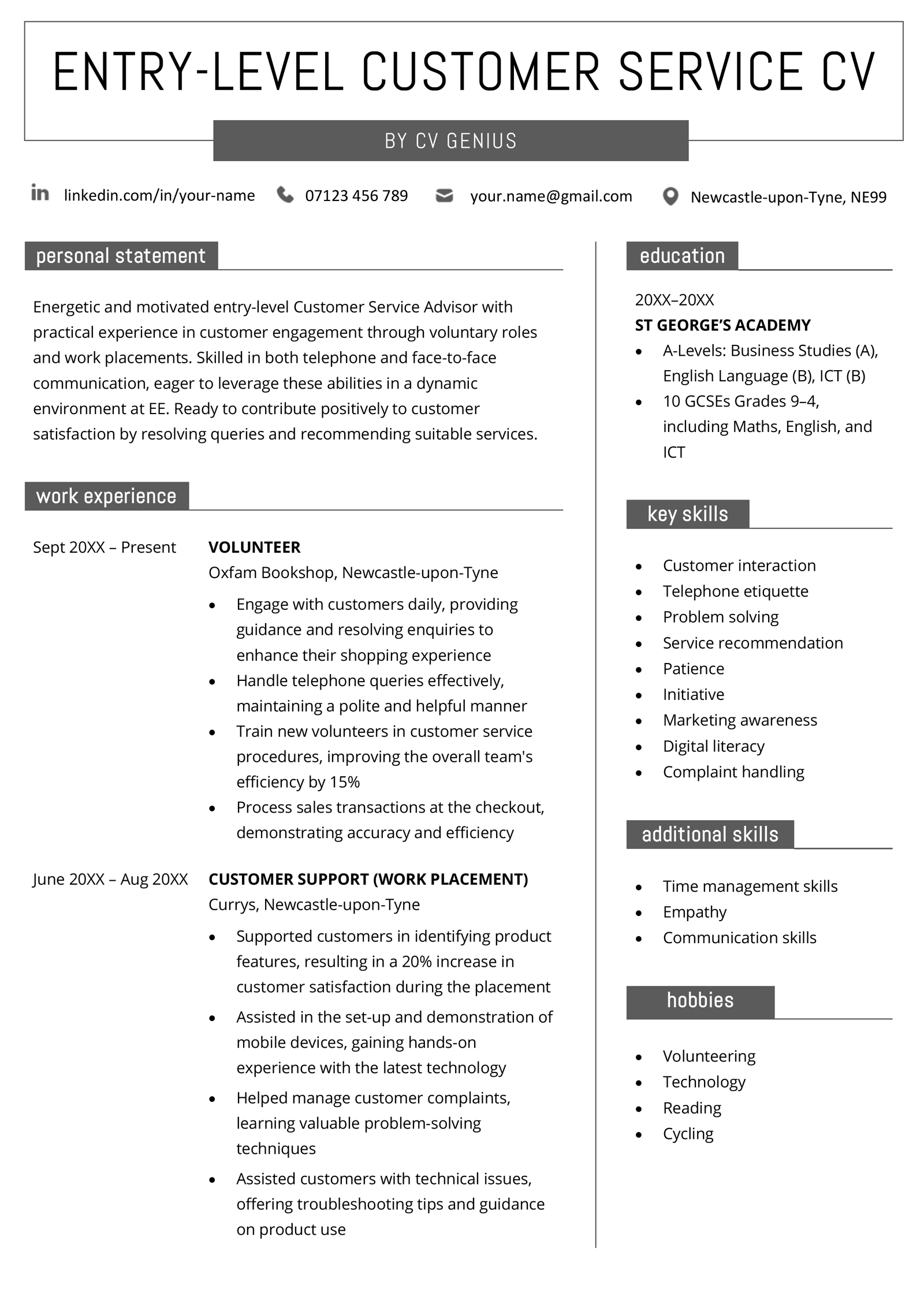 An entry-level customer service CV example that uses a black and white colour scheme and a two-column layout.