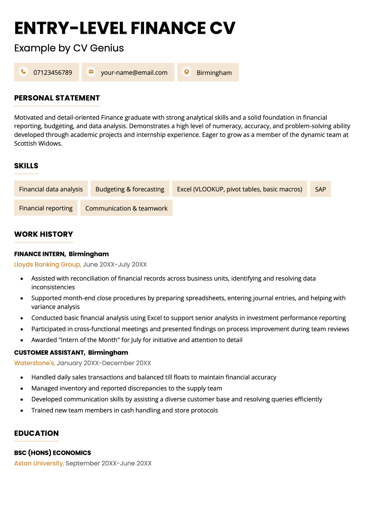 Entry level finance CV example
