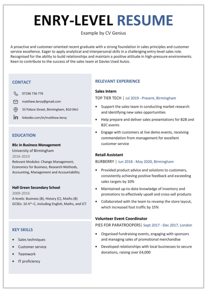 An entry-level resume example with black and light blue header text and two columns for all the information below the resume objective.