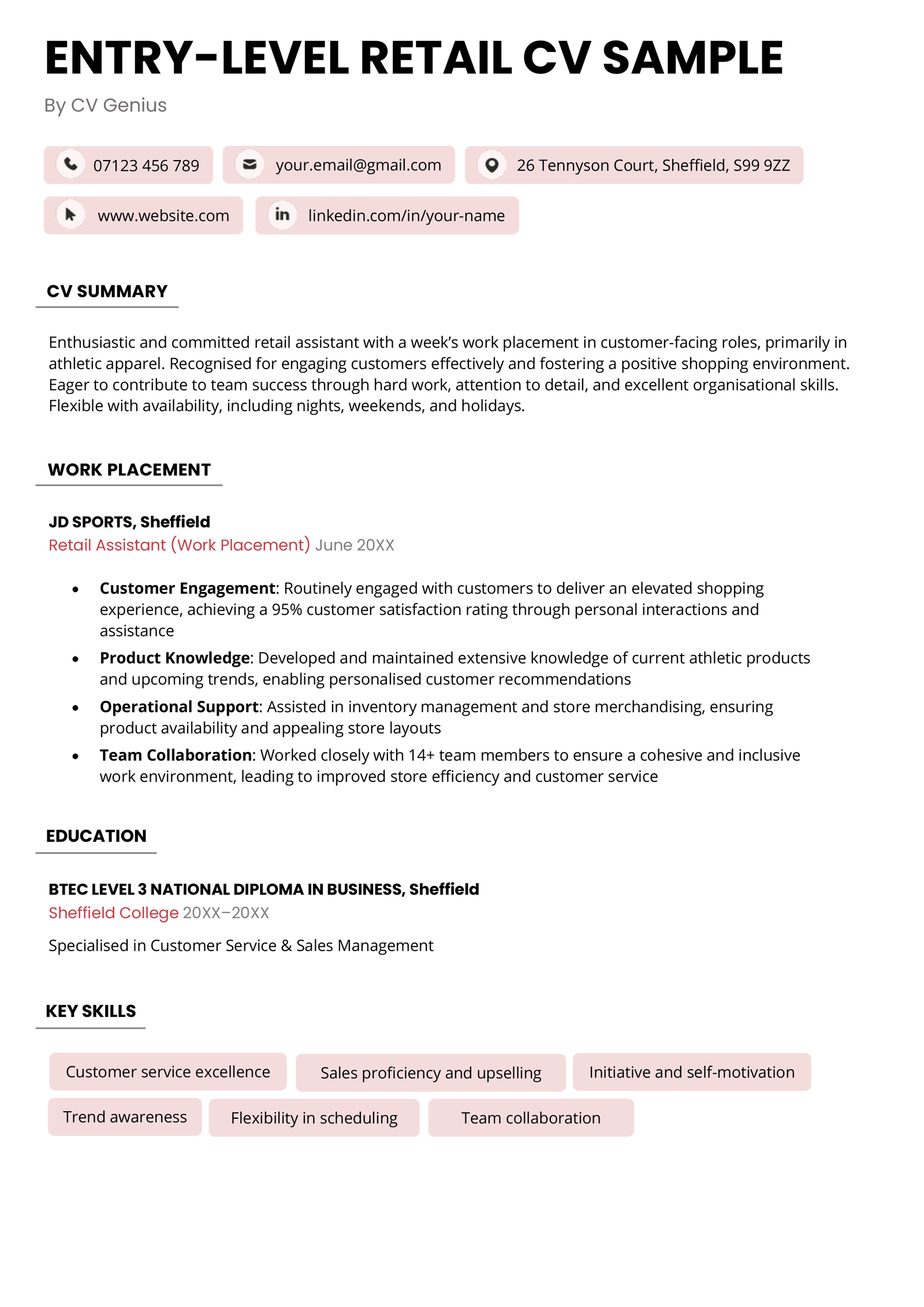 An entry-level retail CV example that uses 'button' components to draw attention to key information.