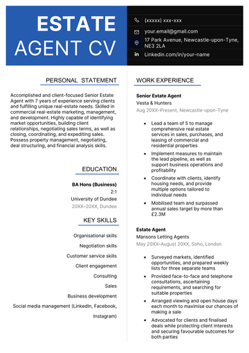 The first page of an estate agent CV example on a template with a bold blue and black header and information presented in two columns.
