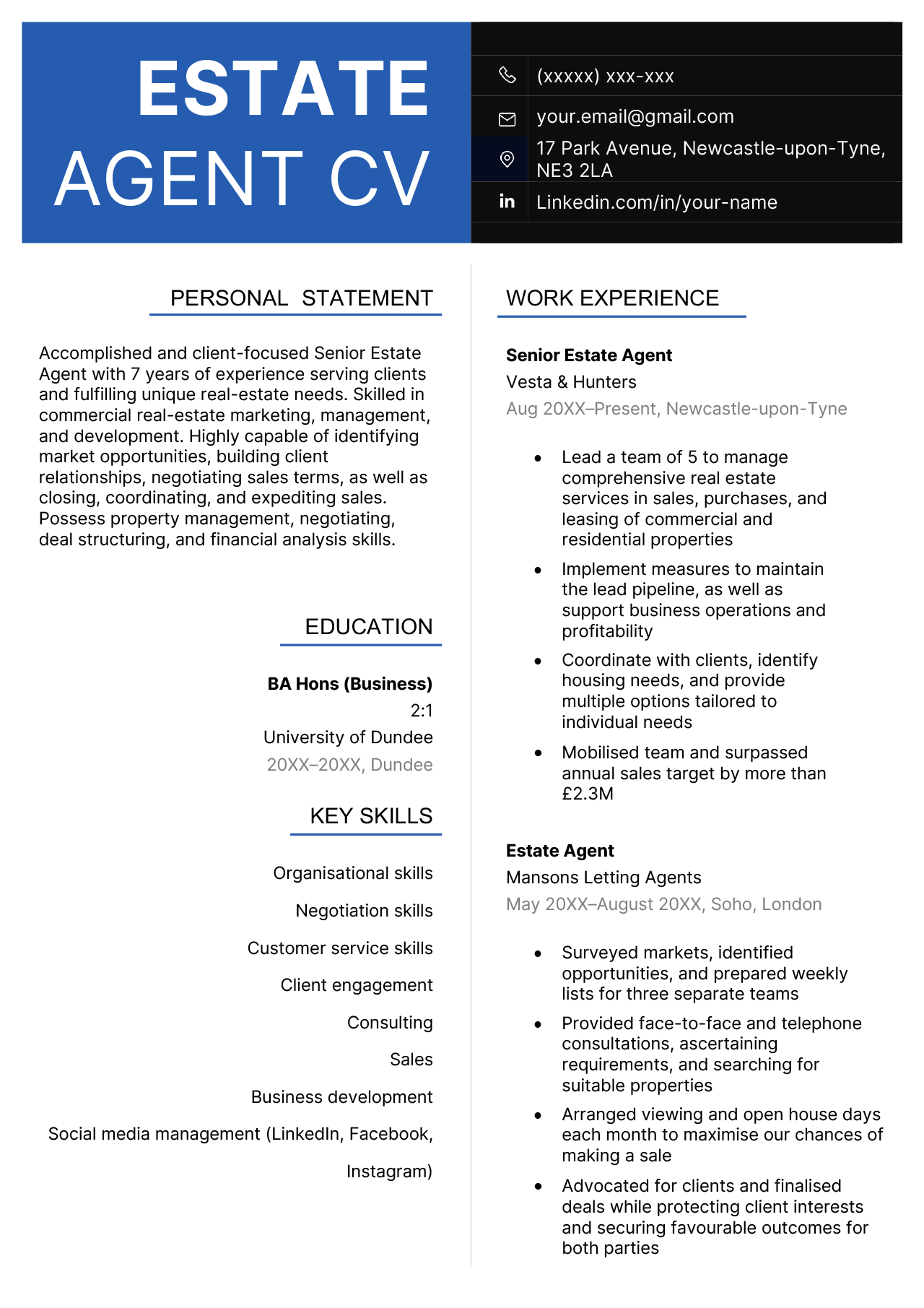 The first page of an estate agent CV example on a template with a bold blue and black header and information presented in two columns.