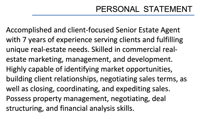 A CV personal statement from an estate agent CV example
