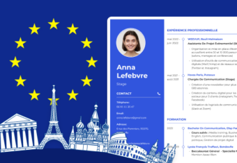 un exemple d'un CV Europass de couleur bleue avec en fond le drapeau de l'Union Européenne et des monuments européens