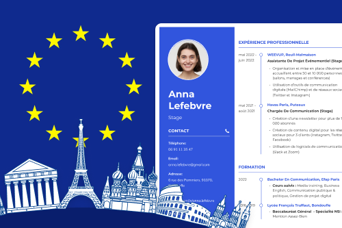 une image d'un CV Europass avec pour fond le drapeau de l'Union Européenne et des monuments européens