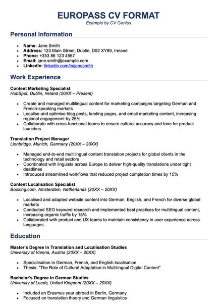 An example Europass CV