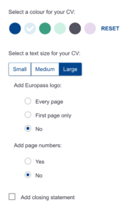 The updated Europass CV website's customisation options for its Europass CV with colour and text size changing options, as well as the ability to remove the Europass logo and page numbers 