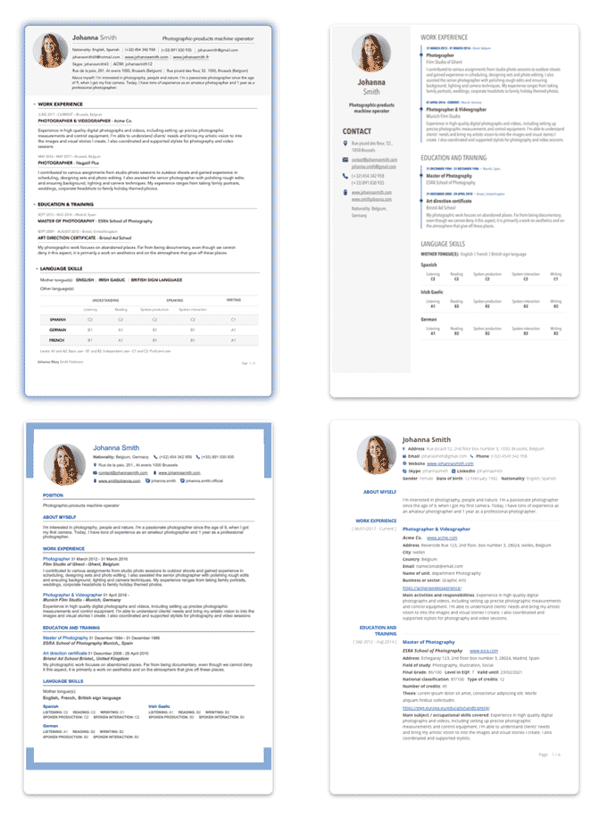 An image of four Europass CV template options.