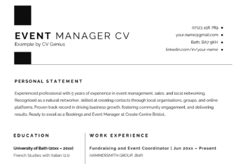 An event manager CV example with a large editorial header and the applicant's skills, education, and work experience arranged into two columns.