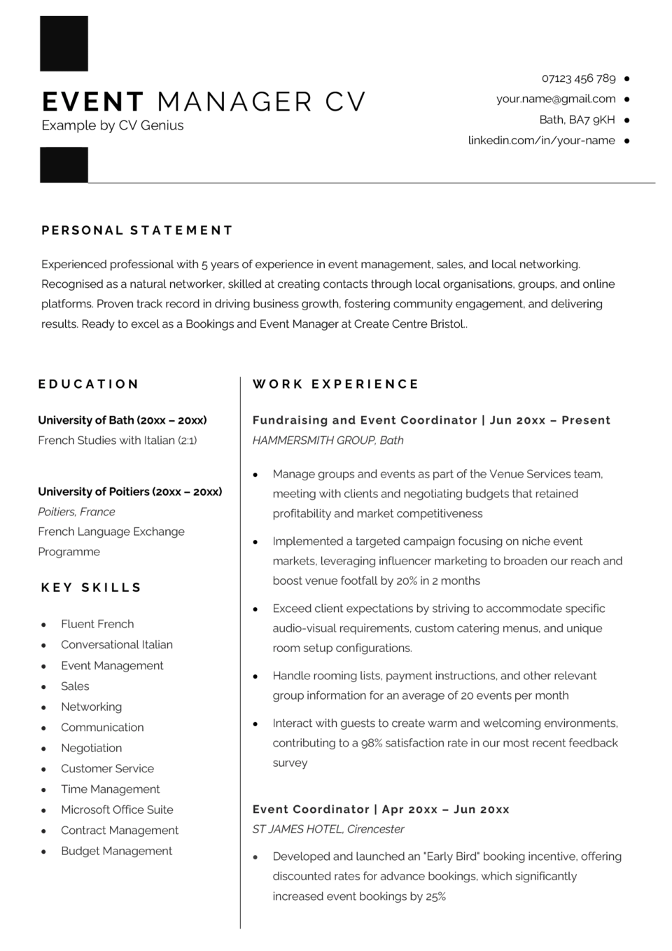 An event manager CV example with a large editorial header and the applicant's skills, education, and work experience arranged into two columns.