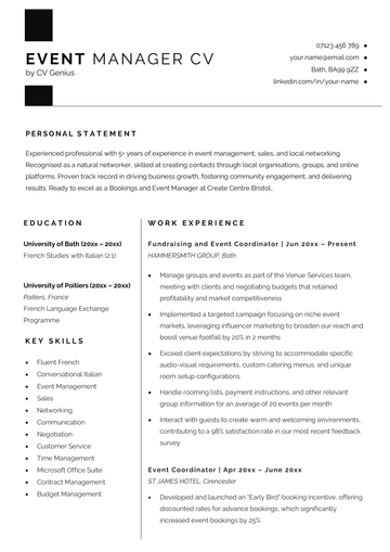 An event manager CV example with a large editorial header and the applicant's skills, education, and work experience arranged into two columns.