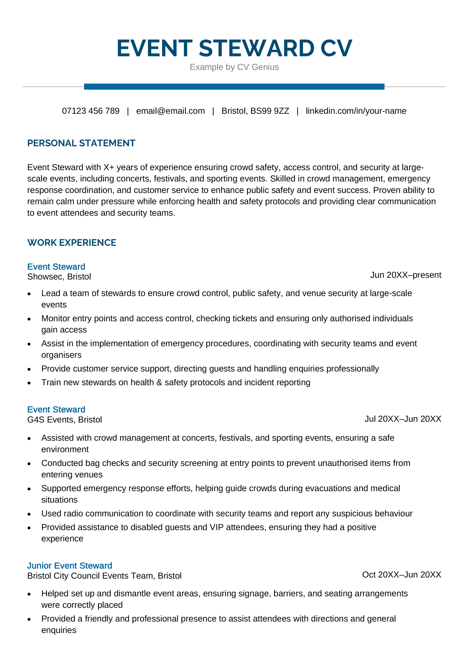 An event steward CV example.