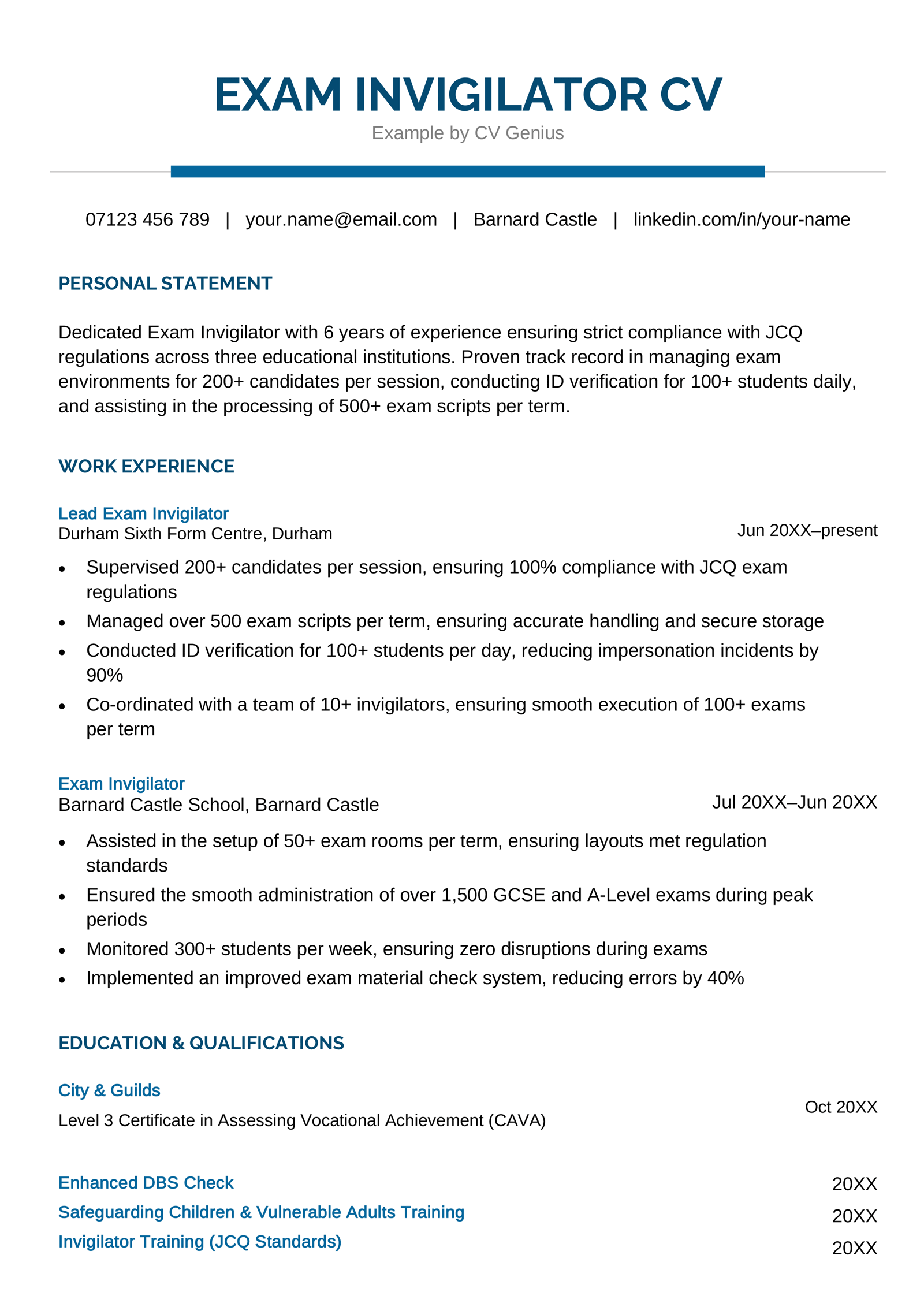 An exam invigilator CV example.