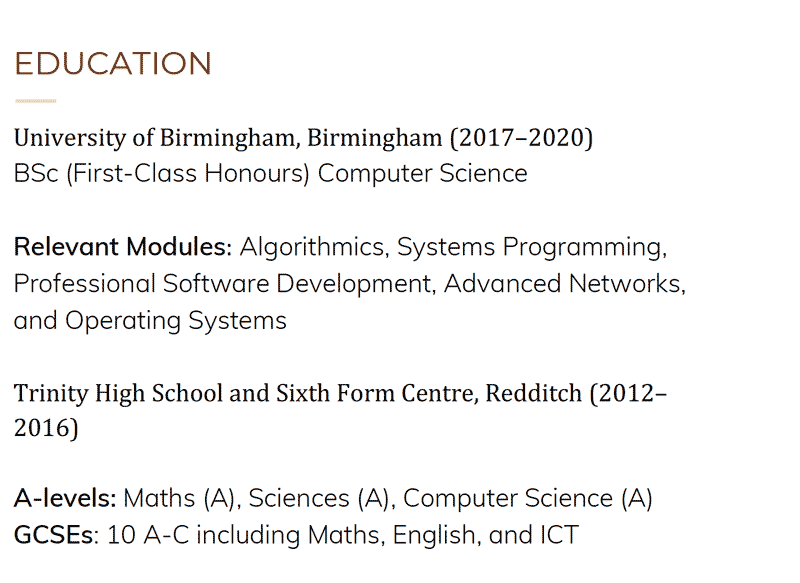 An example of a CV education section